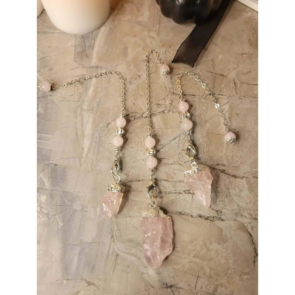 Natural Raw Rose Quartz, Amethyst Quartz Dowsing Pendulum - Witchy wonder