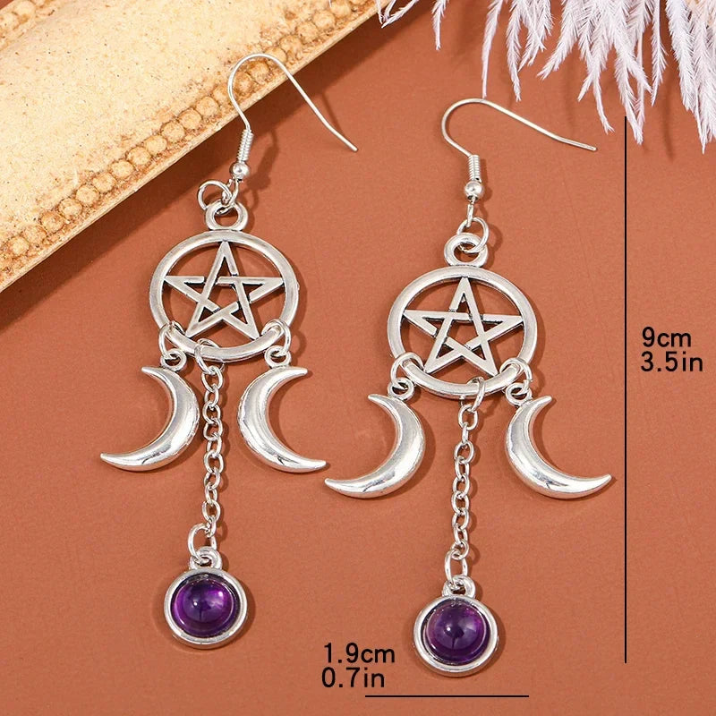 Pentacle Moon Crystal Earrings - Witchy wonder