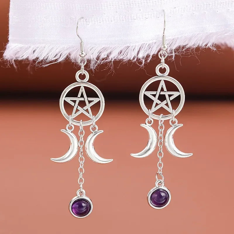 Pentacle Moon Crystal Earrings - Witchy wonder