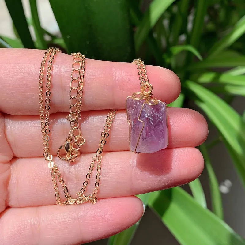 Raw Crystal Wire Wrap Gold Necklaces - Witchy wonder