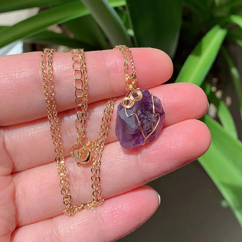 Raw Crystal Wire Wrap Gold Necklaces - Witchy wonder