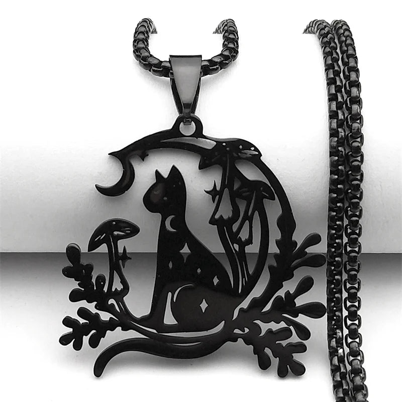 Cat Moon Mushroom Necklace - Witchy wonder