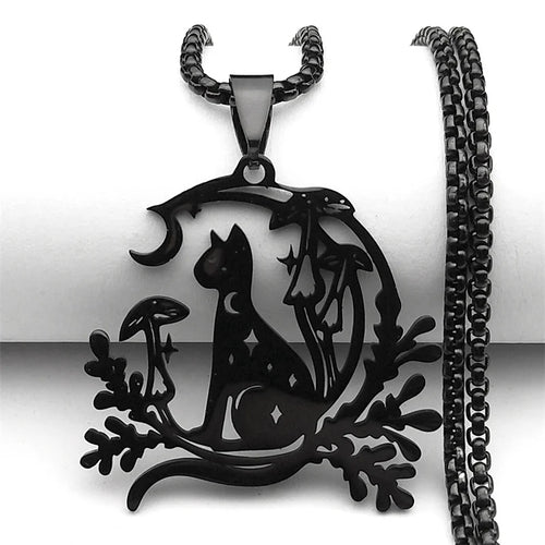 Cat Moon Mushroom Necklace - Witchy wonder
