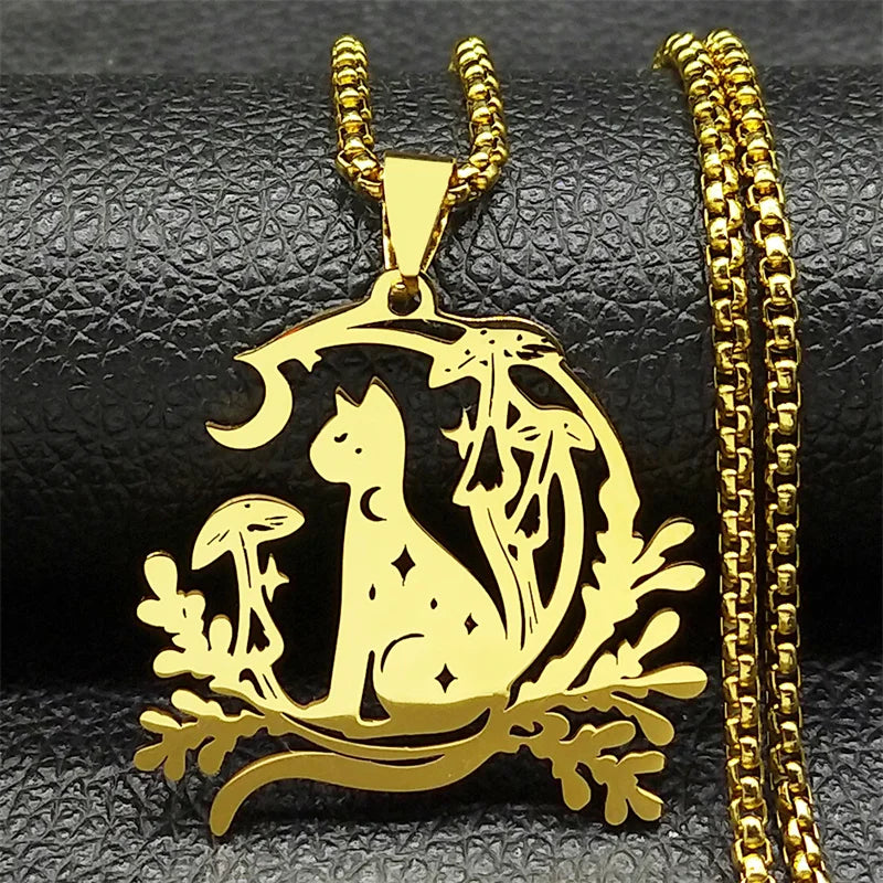Cat Moon Mushroom Necklace - Witchy wonder