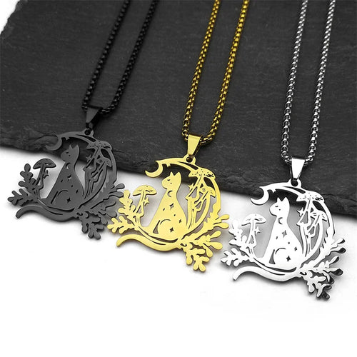 Cat Moon Mushroom Necklace - Witchy wonder