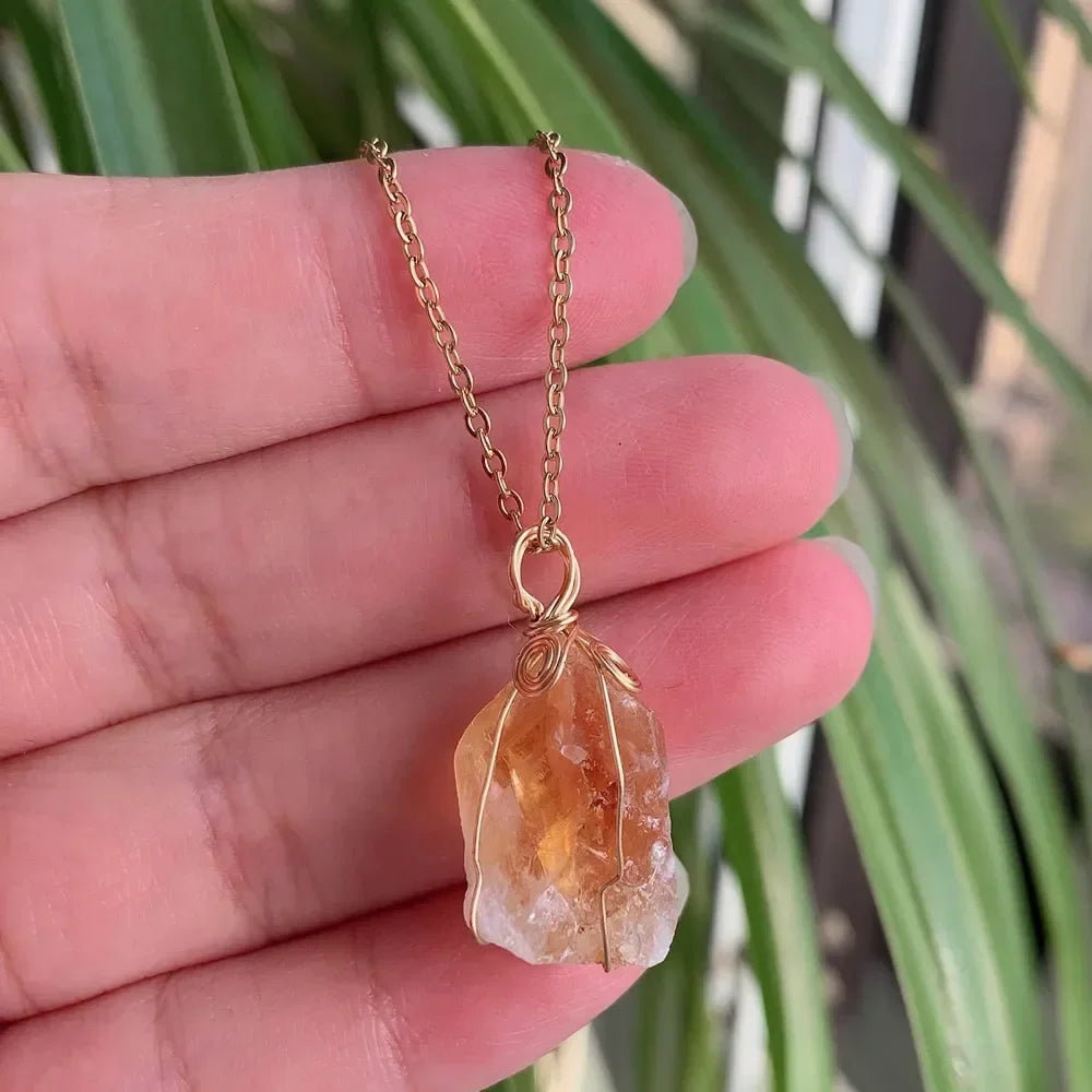 Raw Crystal Wire Wrap Gold Necklaces - Witchy wonder