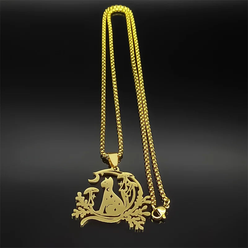 Cat Moon Mushroom Necklace - Witchy wonder