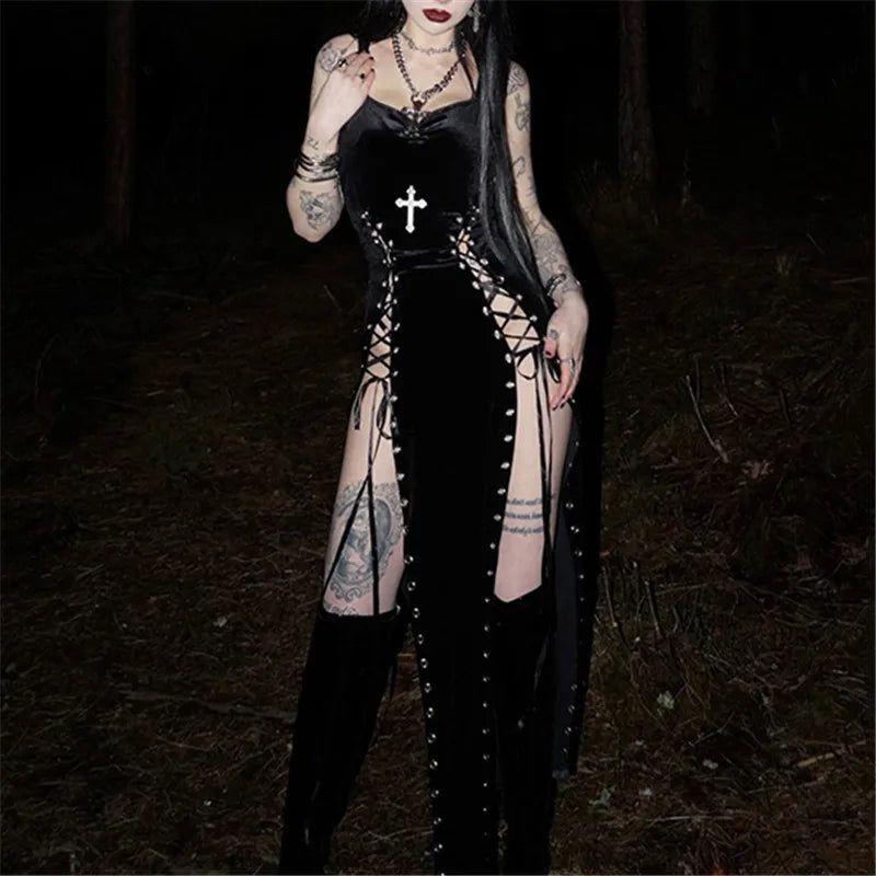 Velvet High Split Cross Dress - Witchy wonder