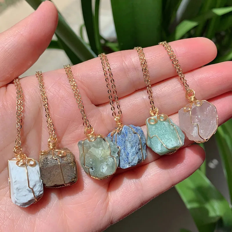 Raw Crystal Wire Wrap Gold Necklaces - Witchy wonder