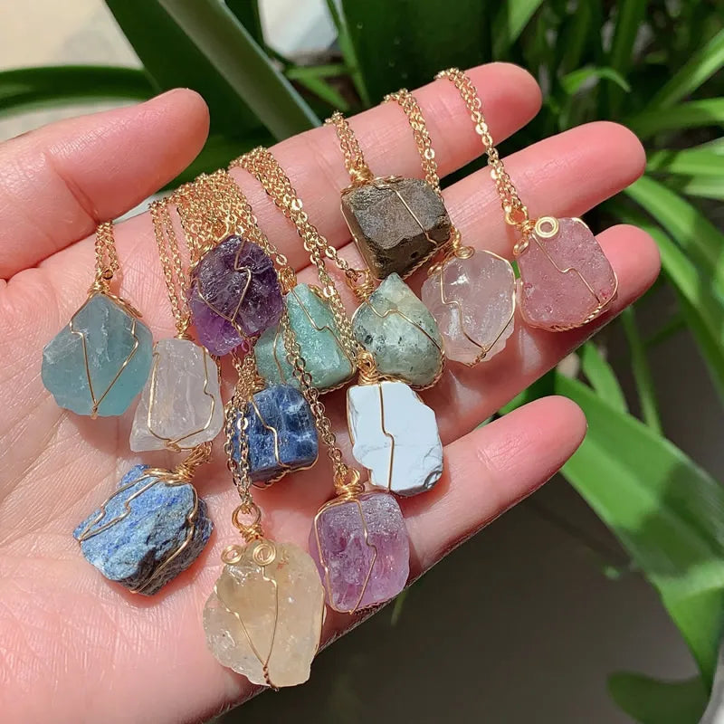 Raw Crystal Wire Wrap Gold Necklaces - Witchy wonder