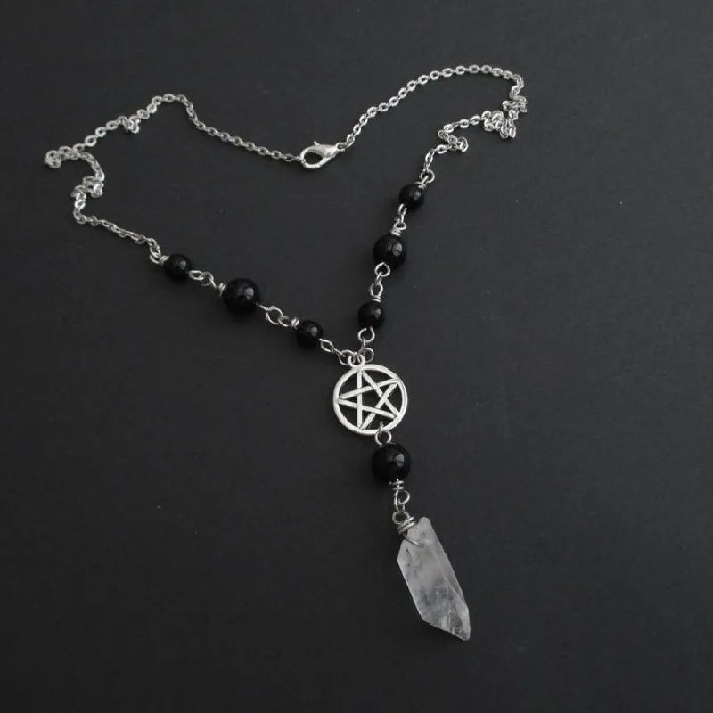 Pentacle Onyx & Quartz Bead Necklace - Witchy wonder