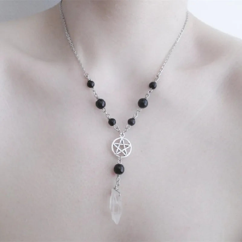 Pentacle Onyx & Quartz Bead Necklace - Witchy wonder