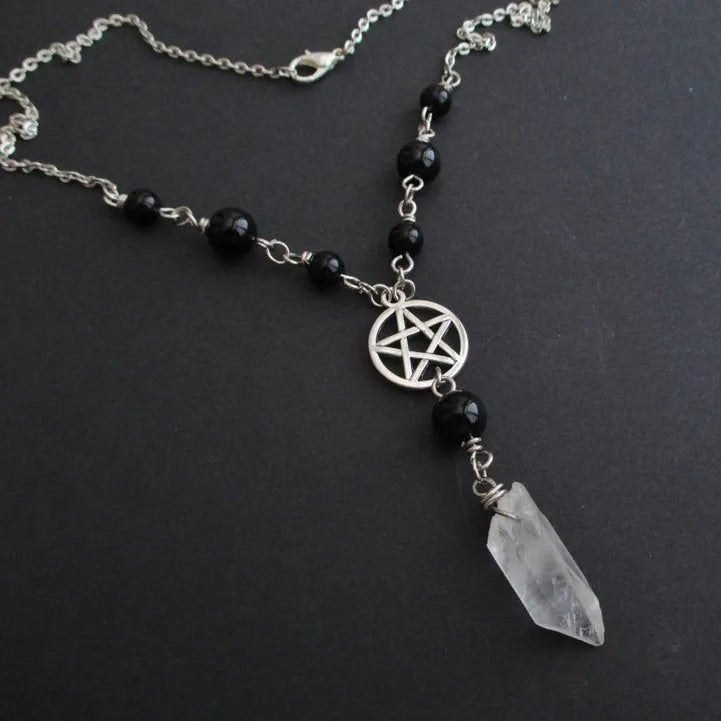 Pentacle Onyx & Quartz Bead Necklace - Witchy wonder