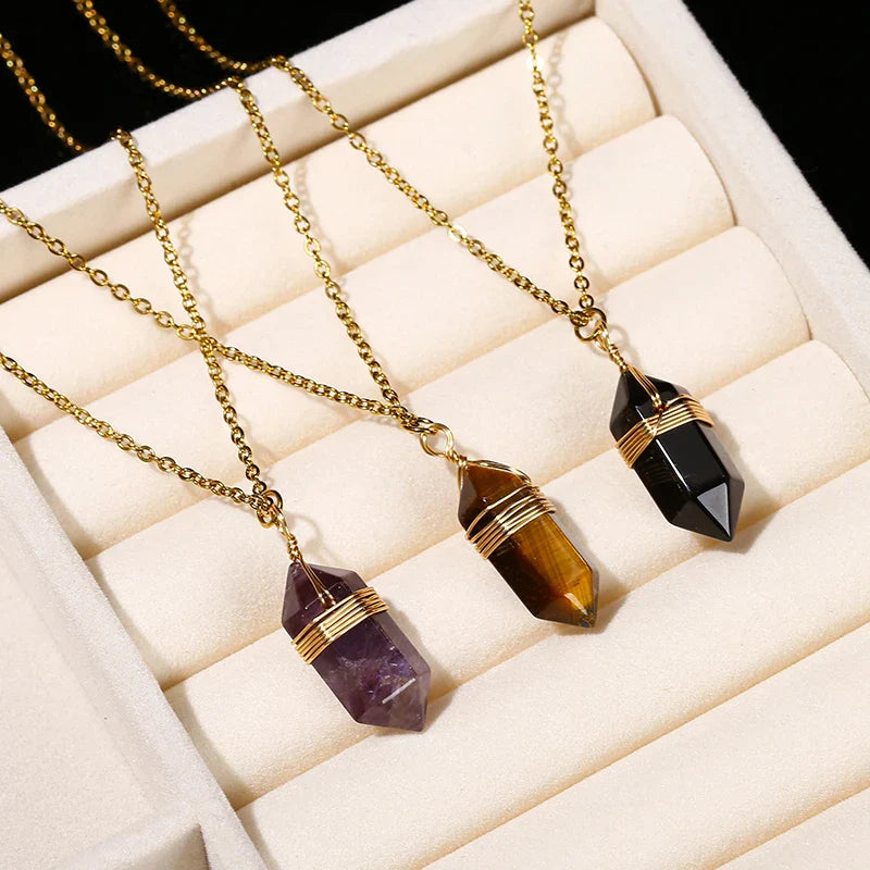 Crystal Hexagon Wire Wrap Gold Necklaces - Witchy wonder