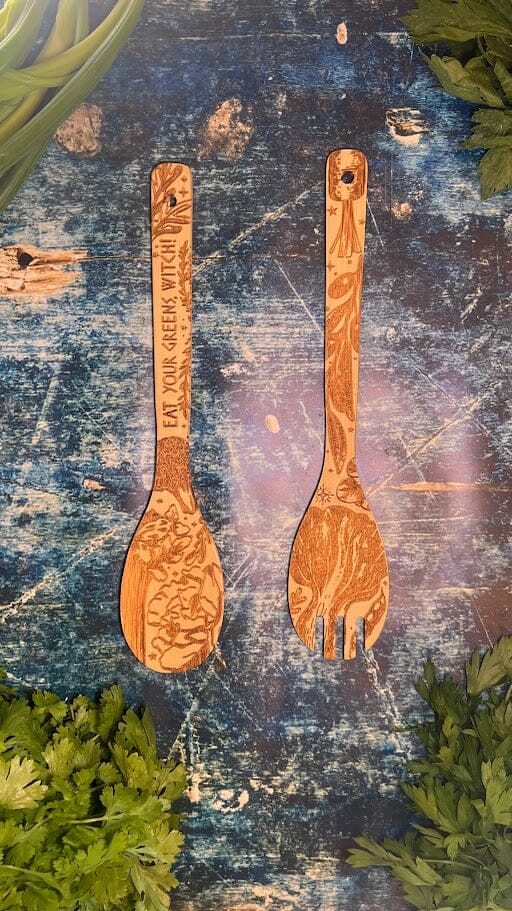 "Eat Your Greens, Witch" Engraved Bamboo Salad Server Set - Witchy wonder