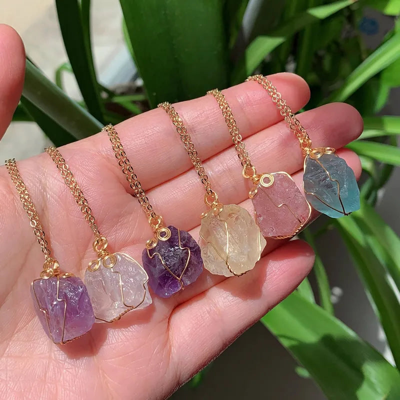 Raw Crystal Wire Wrap Gold Necklaces - Witchy wonder