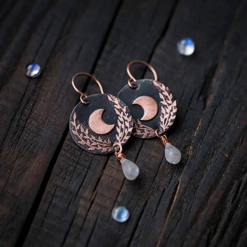 Moonstone Moon Leaf Earrings - Witchy wonder