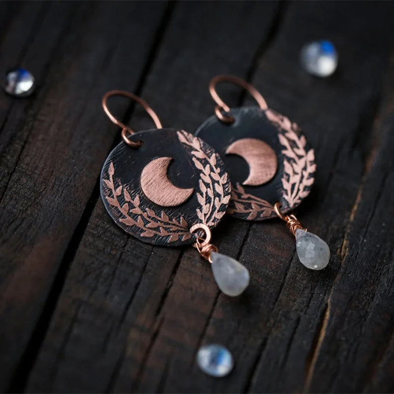 Moonstone Moon Leaf Earrings - Witchy wonder