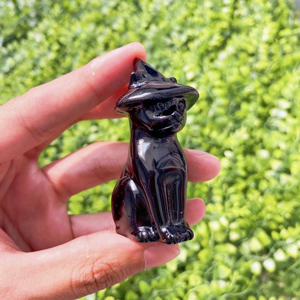 Obsidian Cat Witch Hat Statue - Witchy wonder