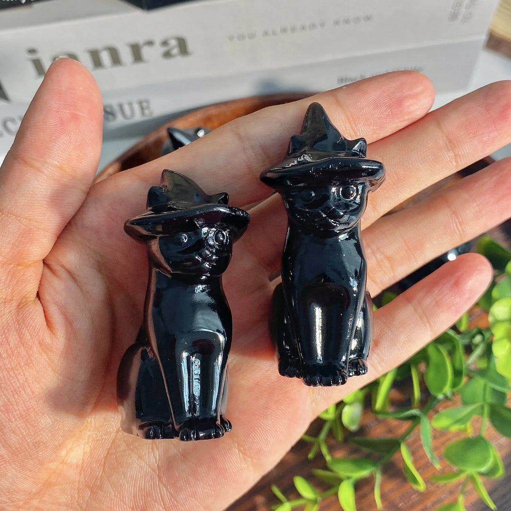 Obsidian Cat Witch Hat Statue - Witchy wonder