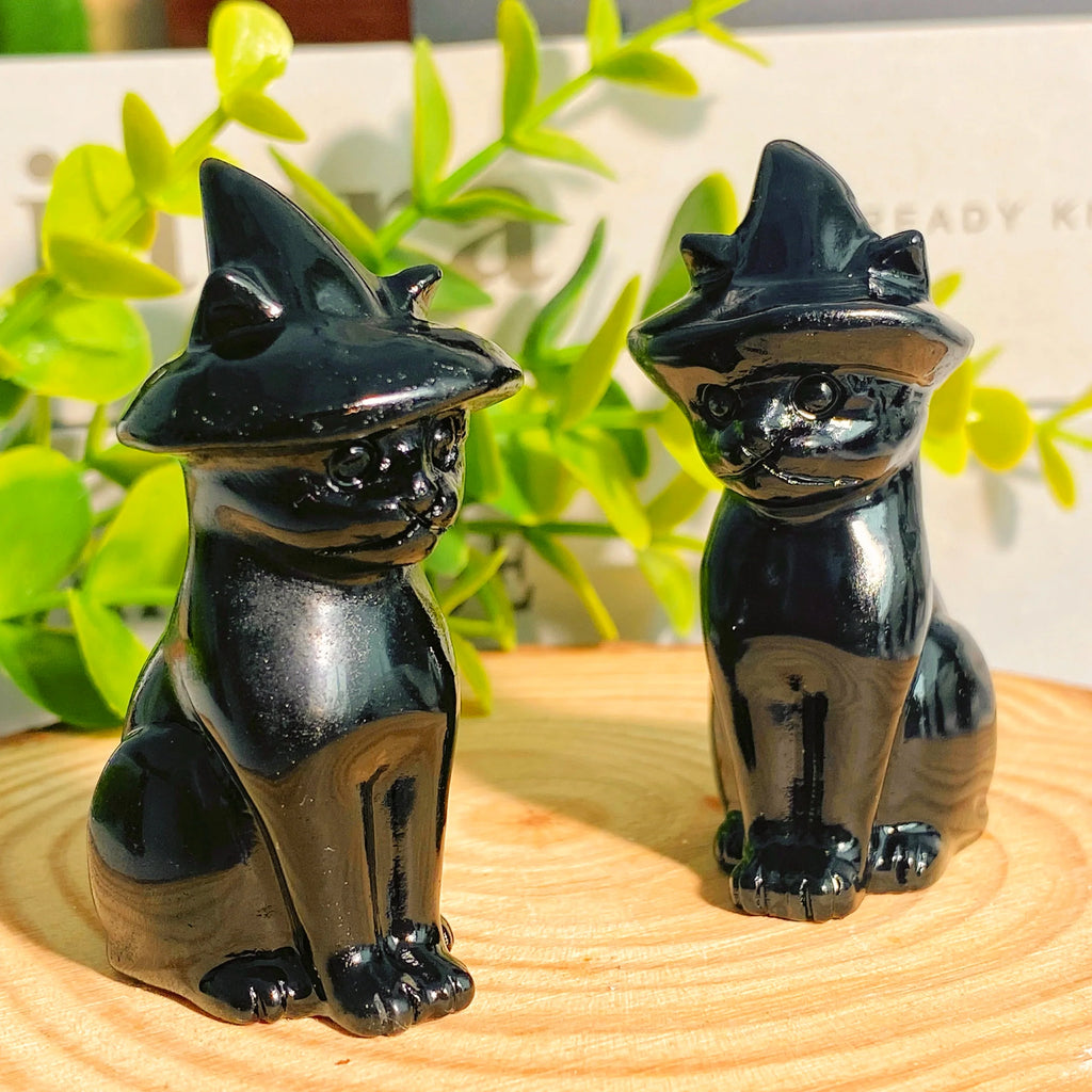 Obsidian Cat Witch Hat Statue - Witchy wonder