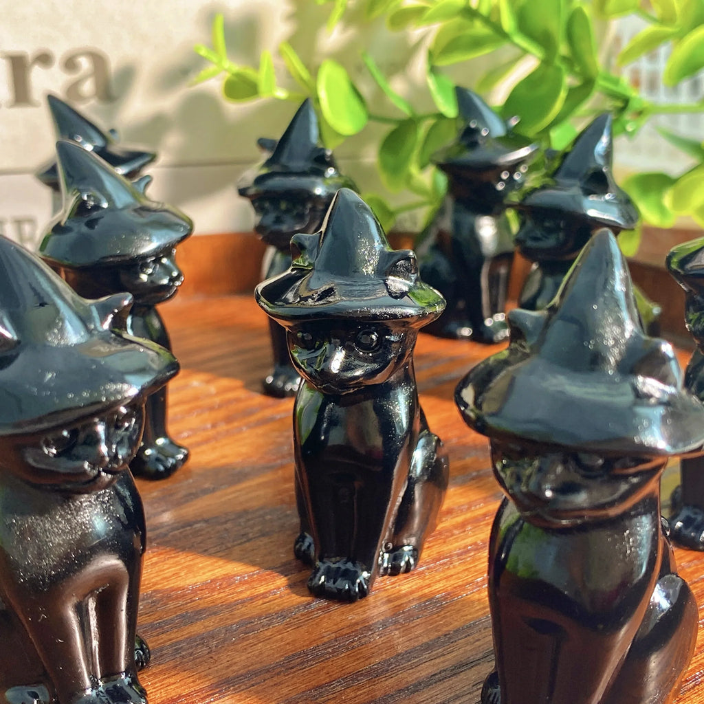 Obsidian Cat Witch Hat Statue - Witchy wonder