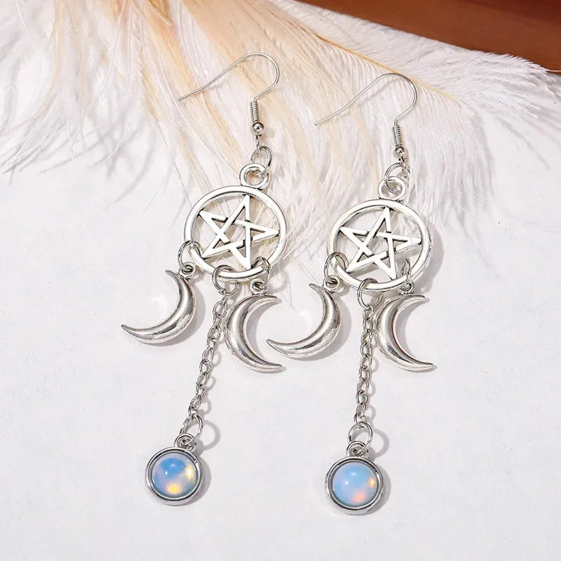 Pentacle Moon Crystal Earrings - Witchy wonder