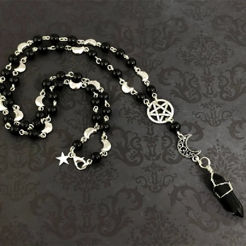 Pentacle Moon Onyx Bead Necklace - Witchy wonder