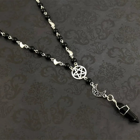Pentacle Moon Onyx Bead Necklace - Witchy wonder
