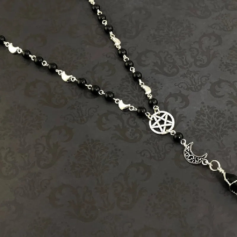 Pentacle Moon Onyx Bead Necklace - Witchy wonder