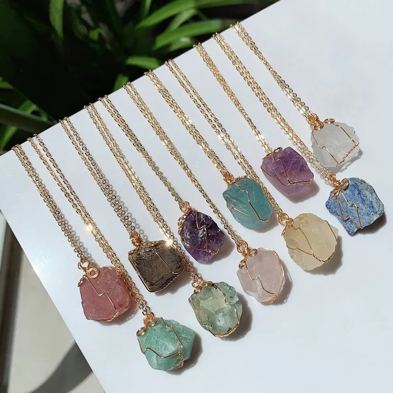 Raw Crystal Wire Wrap Gold Necklaces - Witchy wonder