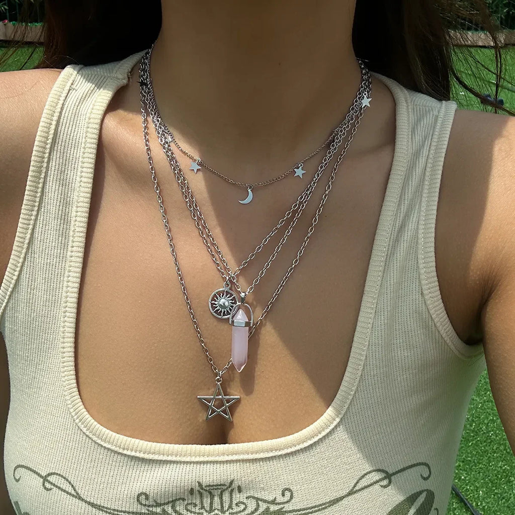 Rose Quartz Star Sun Moon Layer Necklace - Witchy wonder