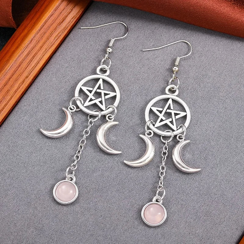 Pentacle Moon Crystal Earrings - Witchy wonder