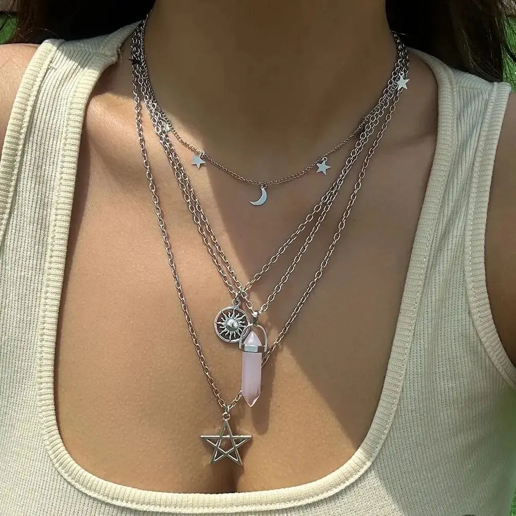 Rose Quartz Star Sun Moon Layer Necklace - Witchy wonder