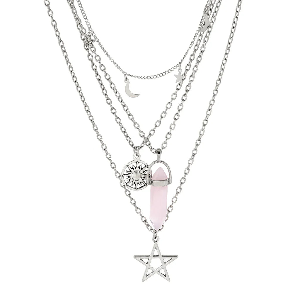 Rose Quartz Star Sun Moon Layer Necklace - Witchy wonder