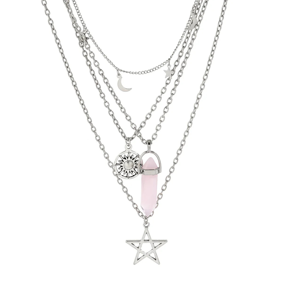 Rose Quartz Star Sun Moon Layer Necklace - Witchy wonder