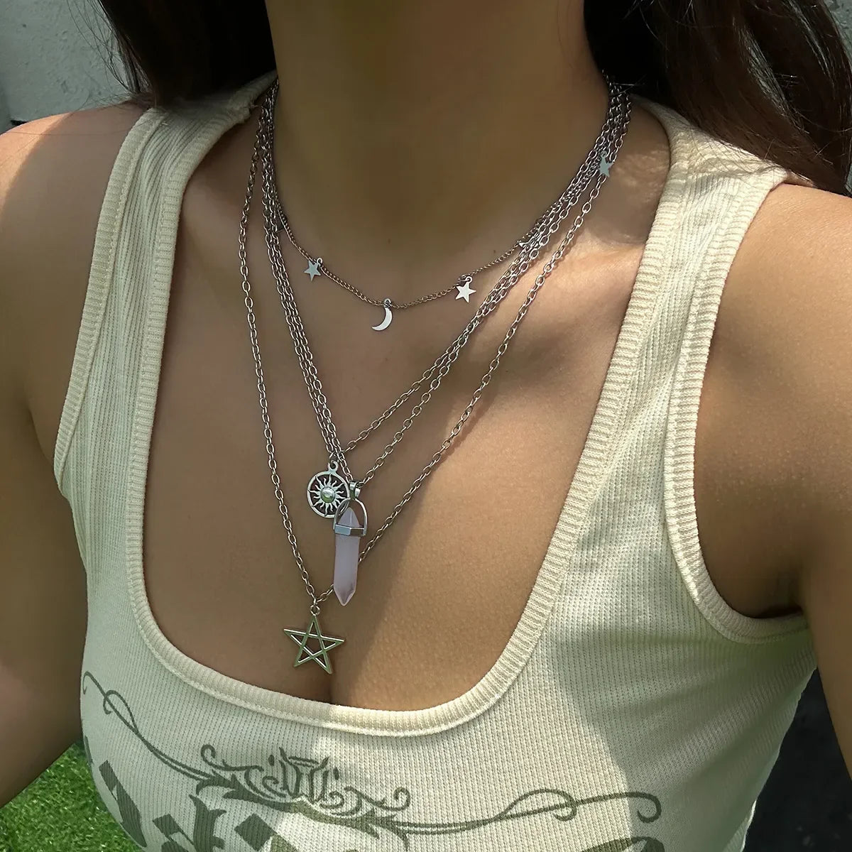Rose Quartz Star Sun Moon Layer Necklace - Witchy wonder