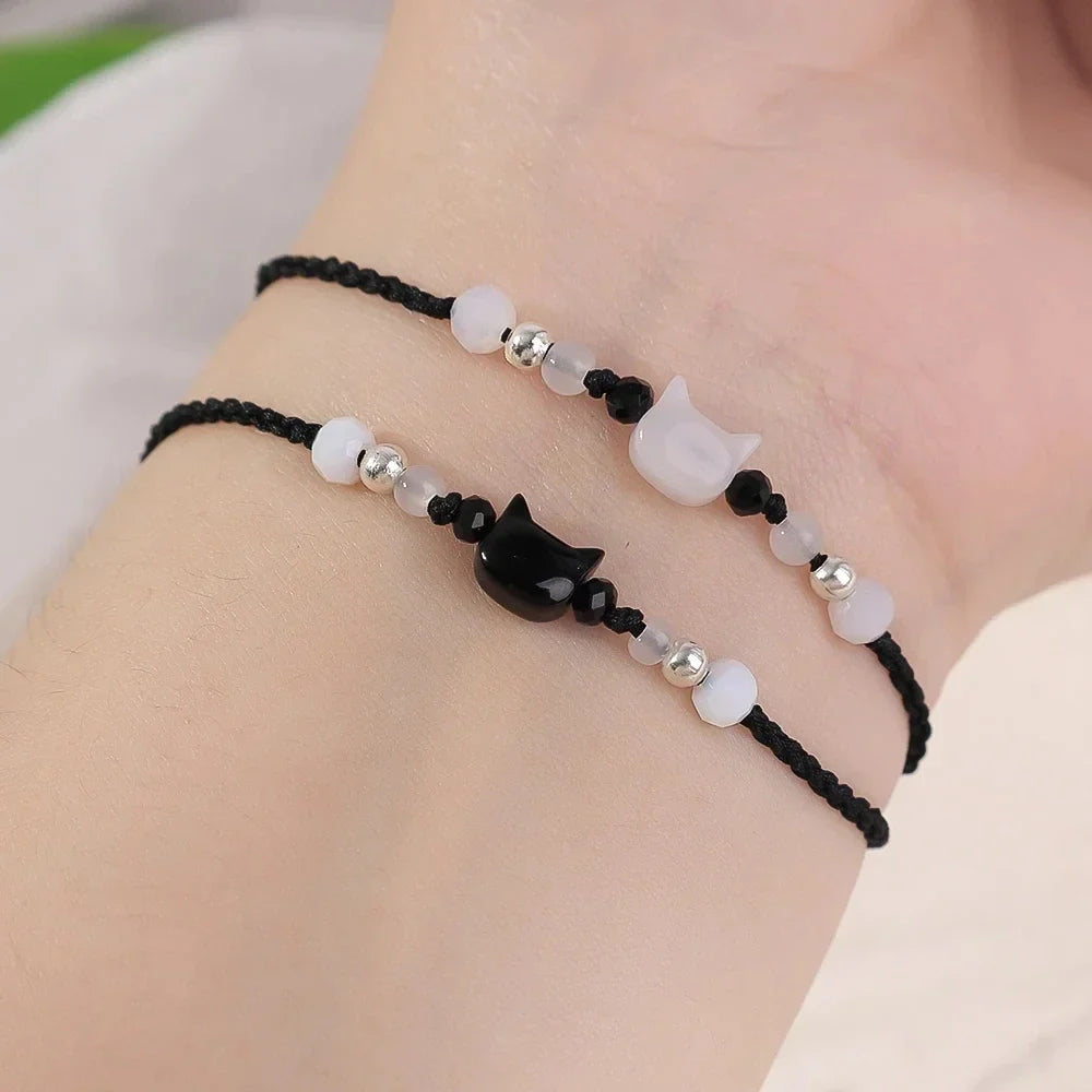 Moonstone Obsidian Cat Charm Bracelets - Witchy wonder