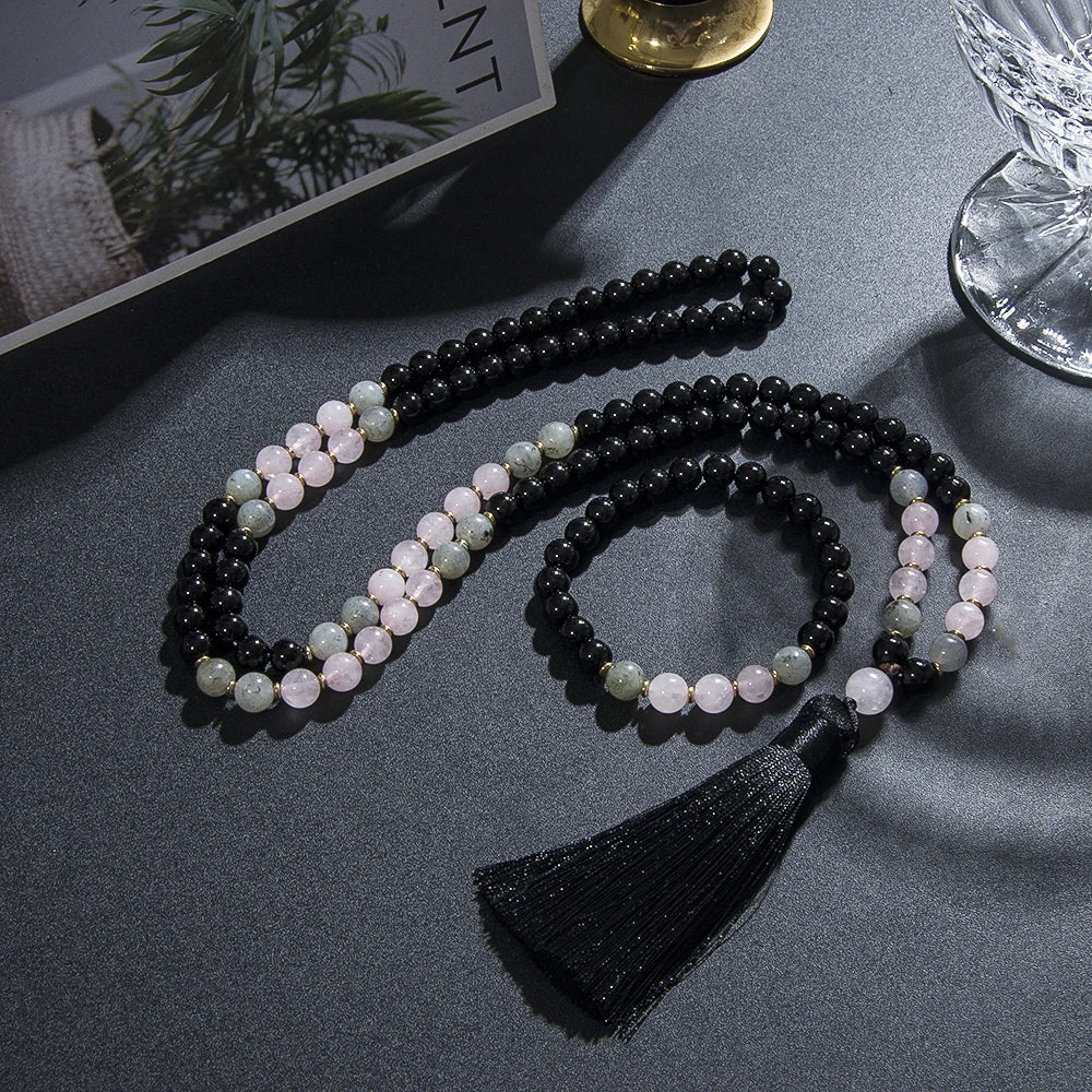 Black Onyx, Rose Quartz, & Labradorite Mala Necklace - Witchy wonder