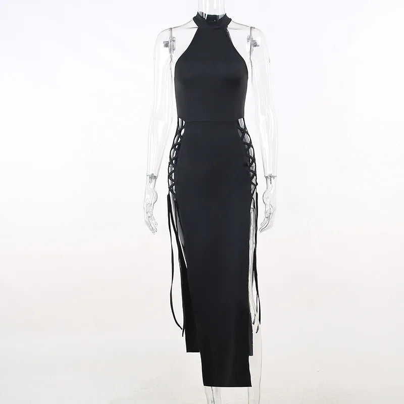 Halter High Split Black Dress
