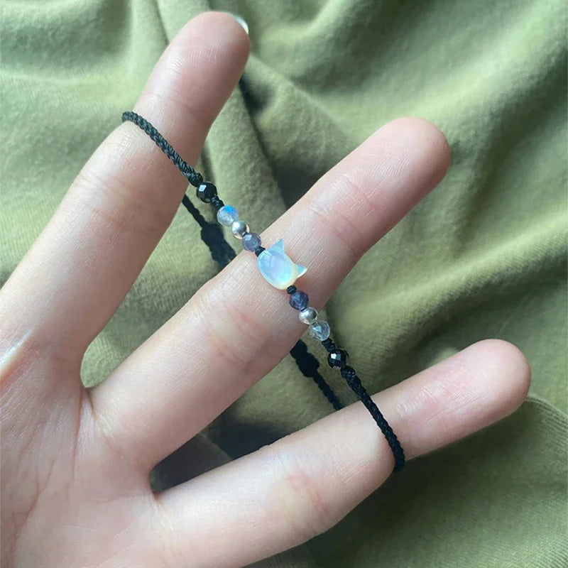 Moonstone Obsidian Cat Charm Bracelets - Witchy wonder