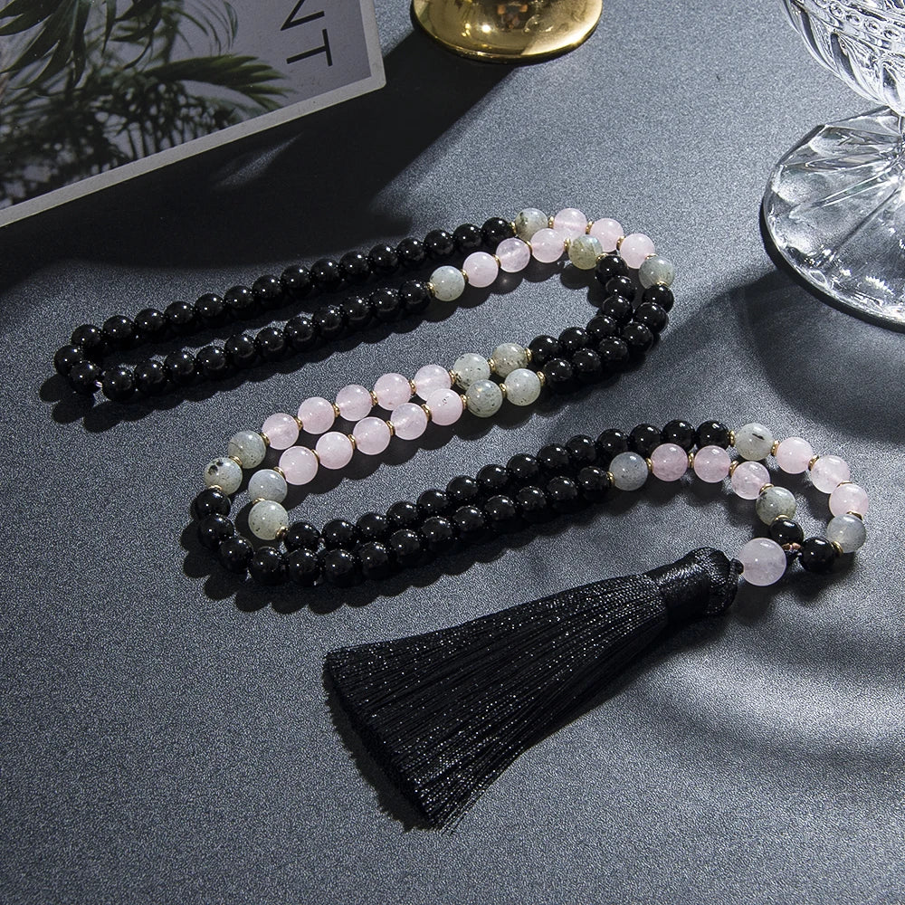 Black Onyx, Rose Quartz, & Labradorite Mala Necklace - Witchy wonder