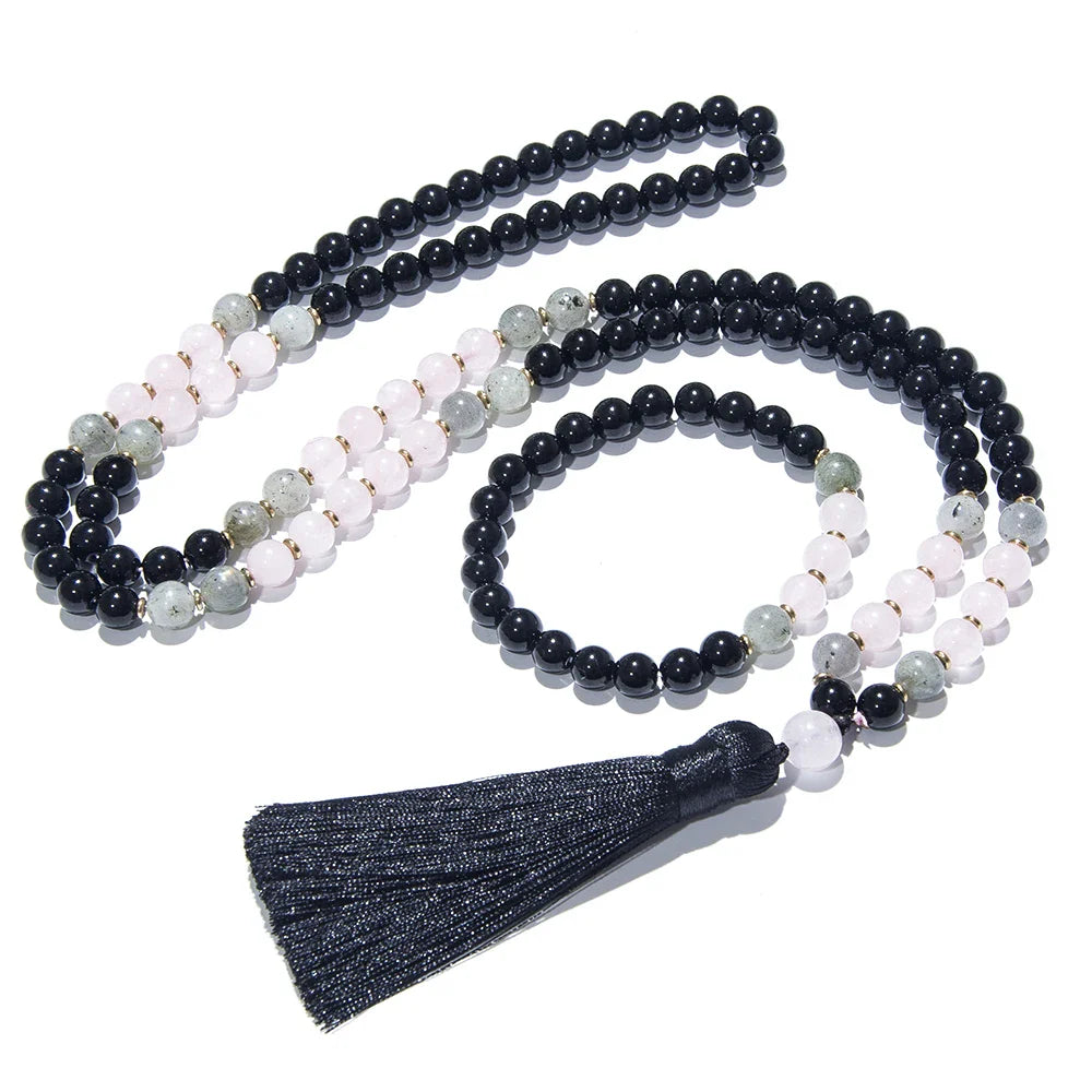 Black Onyx, Rose Quartz, & Labradorite Mala Necklace - Witchy wonder