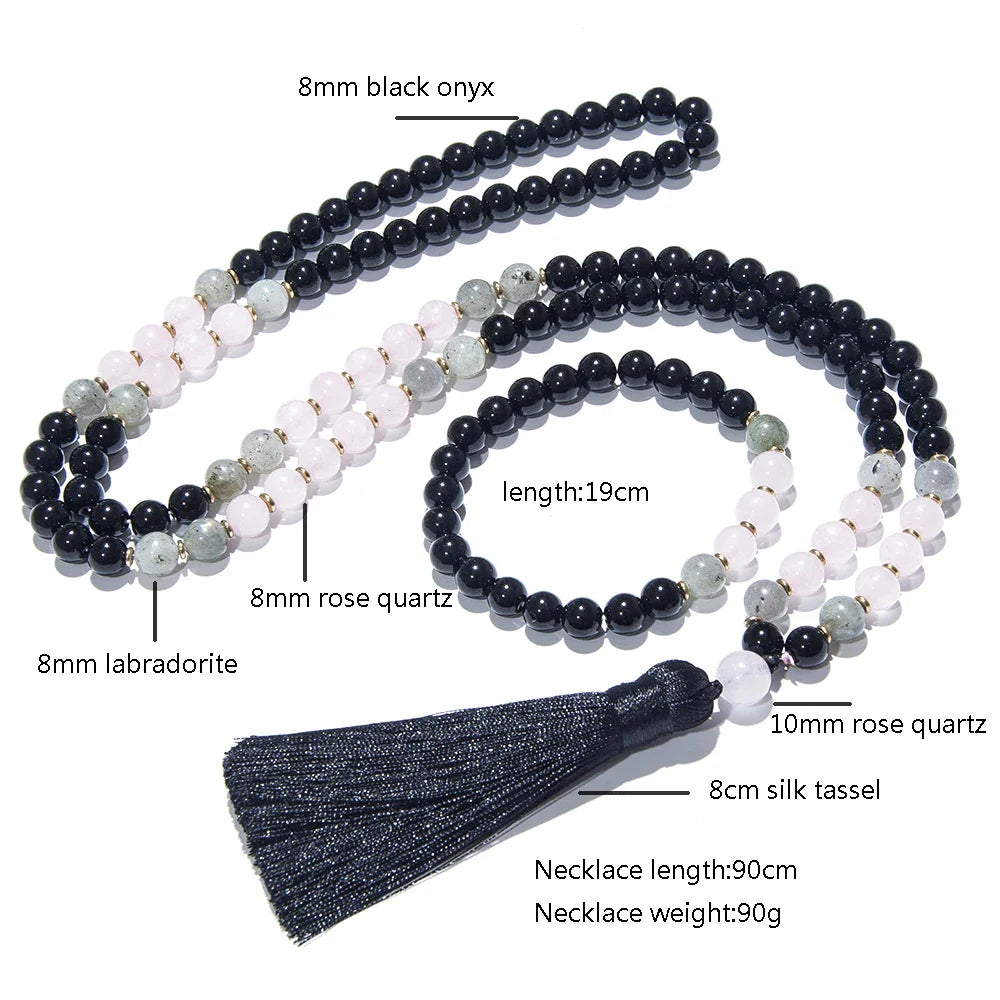Black Onyx, Rose Quartz, & Labradorite Mala Necklace - Witchy wonder