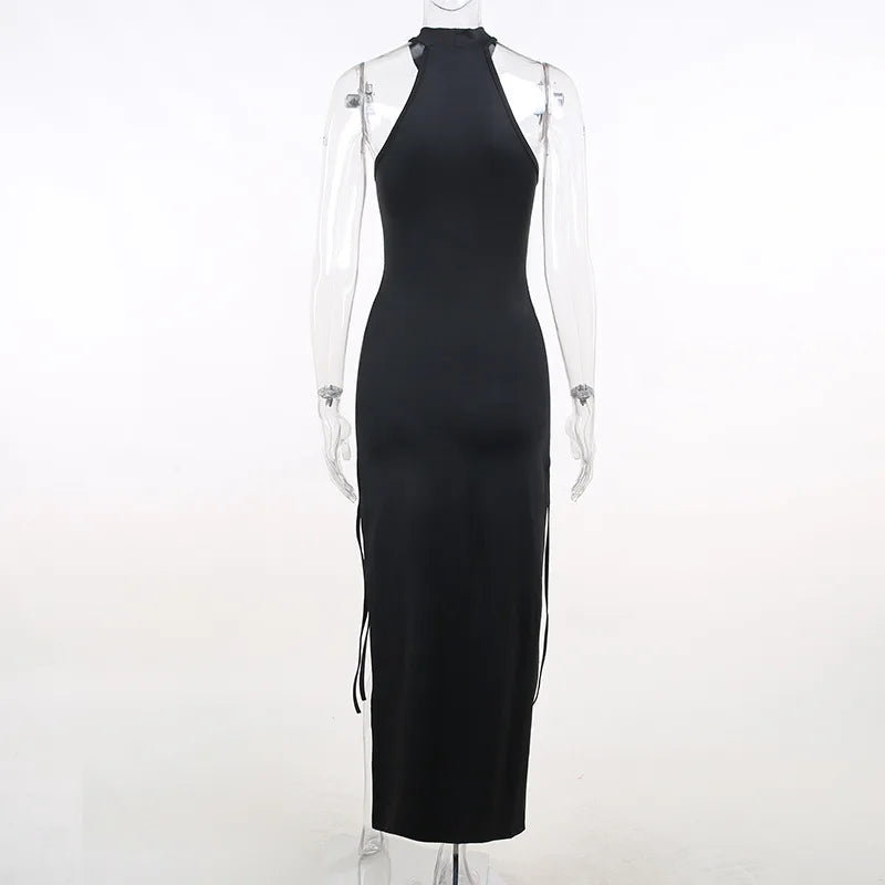 Halter High Split Black Dress
