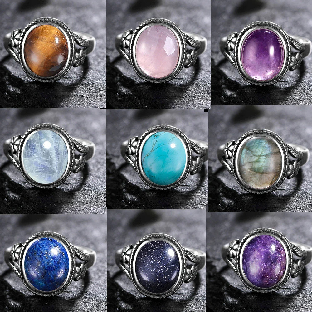 Sterling Silver Stone Oval Flower Ring