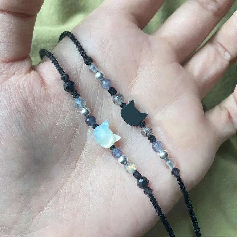 Moonstone Obsidian Cat Charm Bracelets - Witchy wonder