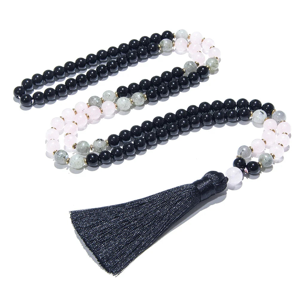 Black Onyx, Rose Quartz, & Labradorite Mala Necklace - Witchy wonder