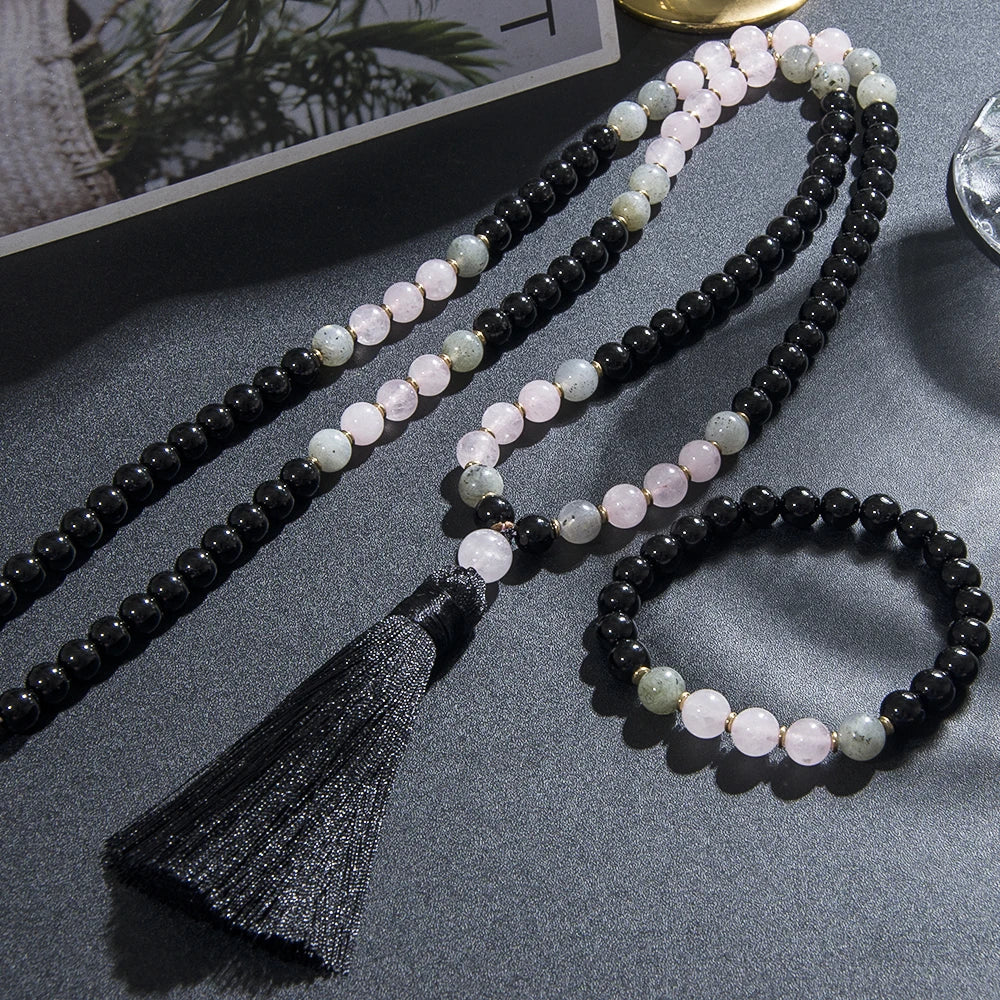 Black Onyx, Rose Quartz, & Labradorite Mala Necklace - Witchy wonder