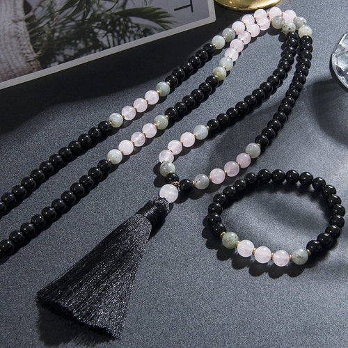 Black Onyx, Rose Quartz, & Labradorite Mala Necklace - Witchy wonder